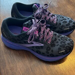 Brooks Ghost Black and Purple Leopard Print Sneakers